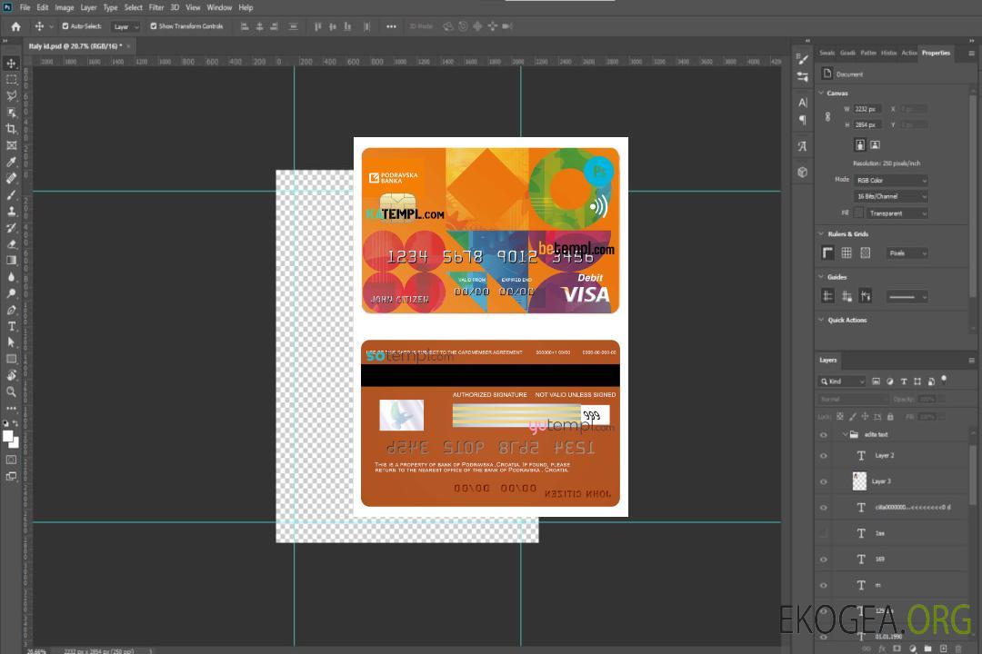 Modèle de carte de crédit visa bancaire Croatie Podravska au format PSD, entièrement modifiable template